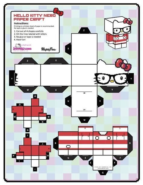 Hello Kitty Nerd Paper Cubeecraft E2A Origami Templates, Diy Hello Kitty, Hello Kitty Printables, Hello Kitty Crafts, Paper Toys Template, Hello Kitty Themes, Hello Kitty Coloring, Paper Doll Template, Hello Kitty Party