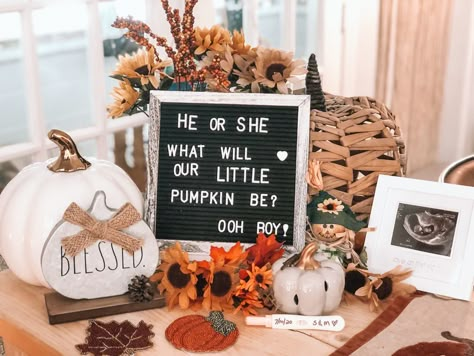 Fall Themed Gender Reveal Decorations, Fall Inspired Gender Reveal, Pumpkin Gender Reveal Table Decorations, What Will Pumpkin Be, Gender Reveal Idea Themes, Gender Reveal Party Theme Fall, Lil Pumpkin Gender Reveal, Pumpkin General Reveal, Fall Pumpkin Gender Reveal Ideas