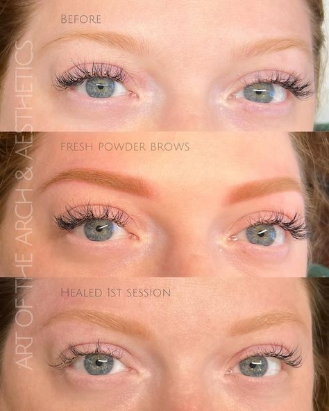 Show me those healed results ❣️ ^Before, ^immediately after powder brows (red head edition), and ^healed results after one session. Her before: she had her brows tinted the color she liked them (otherwise she had very blond brow hairs - almost unseen by the naked eye) 🎯 Her goals: to have visible eyebrows that weren’t blond or taupe and wanted a warm in tone to match her (*beautiful) red hair and compliment her skin tones. Her after: more vibrant and bright in color, this is normal and la... Tinted Brows, Eyebrow Before And After, Henna Eyebrows, Powder Brows, 34th Birthday, Beautiful Red Hair, Exposure Photography, Brow Tinting, Red Head