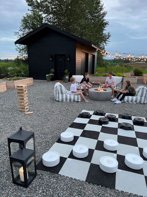 Outdoor Games Area Backyard Ideas, Big Backyard Ideas Country, Big Kid Backyard Ideas, Outdoor Game Area, Airbnb Outdoor Spaces, Teen Backyard Hangout, Backyard For Teens, Family Backyard Layout Ideas, Kid Friendly Backyard Ideas