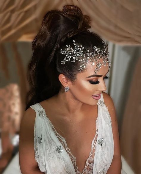 Greek goddess glam for a gorgeous bride! Custom crystal headpiece and earrings by Bridal Styles Boutique, hair: Lena Bik, makeup: Glamour by Drita Greek Goddess Hair, Goddess Hair, Goddess Crown, Custom Robes, Bridal Styles, Wedding Day Makeup, Hair Jewels, Crystal Headpiece, Boho Glam