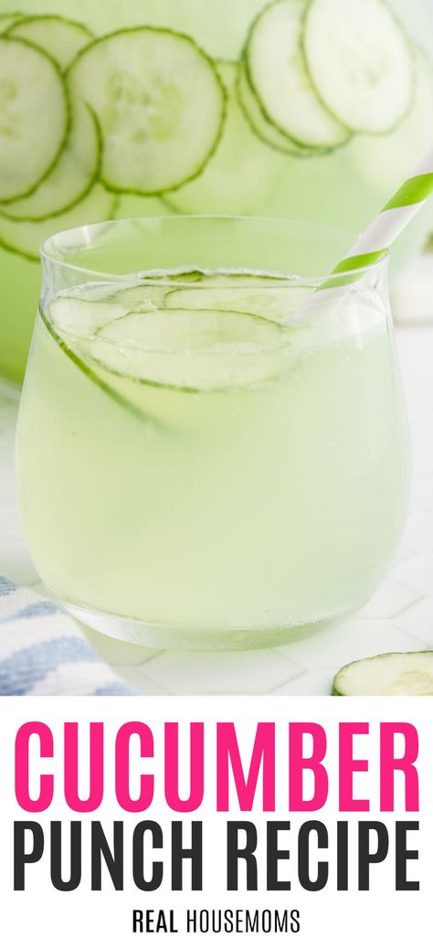 Light and refreshing Cucumber Punch is perfect for the whole family or can be turned into a yummy cocktail for grown-ups! #Realhousemoms #cucmberpunch #refreshing #cocktail #drinks #girlnight #familyfriendly #stpatricks #limeade Cucumber Punch Recipe, Sage Green Punch Recipe, Refreshing Cucumber Drinks, Green Punch Recipes Non Alcoholic, Cucumber Drinks Healthy, Eras Drinks, Ponche Recipe, Limeade Punch, Cucumber Drinks