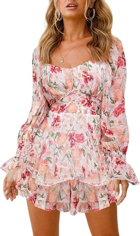 Fixmatti Women Boho Romper Off Shoulder Ruffle Chiffon Shorts Jumpsuit Playsuits Hawaiian Outfit Party, Collar Outfits, Backless Playsuit, Empire Waist Tops, Party Women, Balloon Sleeve Dress, Floral Print Rompers, Hawaiian Outfit, Floral Print Fabric