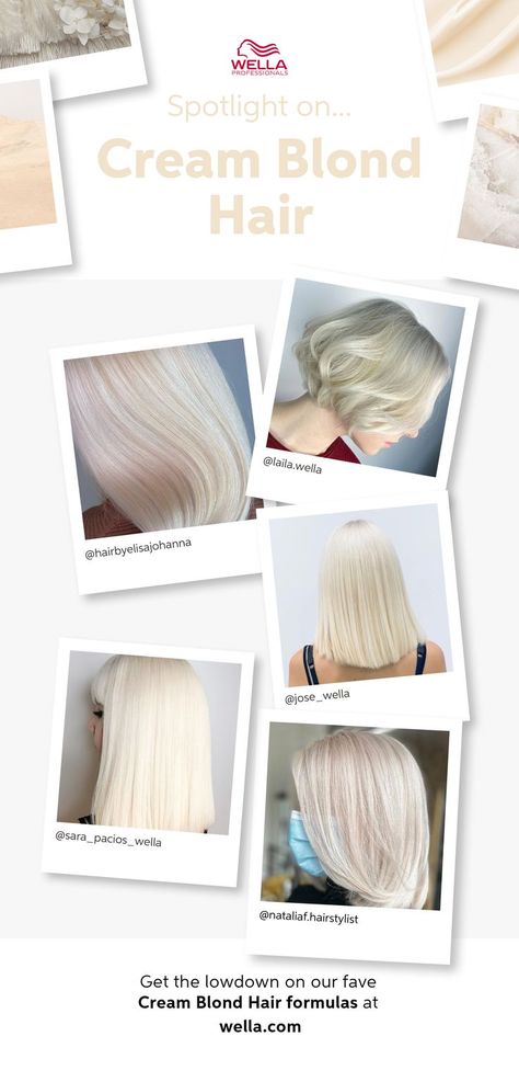 For a light and clean blonde look in 2021, choose cream blonde hair. Click to find more cream blonde inspiration on our Trend Hub. White Beige Blonde Hair, Vanilla Cream Blonde Hair, Wella Blonde Formula, Vanilla Blonde Toner Formula, Blonde Hair Formulas, Toner For Blonde Hair Wella, Cream Soda Blonde, Beige Blonde Formula Wella, Creamy Vanilla Blonde Hair