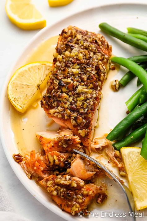 Pecan crusted salmon is a 20-minute dinner that's easy enough for a busy weeknight meal, yet impressive enough for a special date night. Flaky, tender salmon is seasoned and then coated with toasted pecans for a delicate, rich, and nutty crunch. Finish it off with a delicious maple glaze for a well-balanced, savory sweet dinner that's complex in flavor but simple to make! #theendlessmeal #salmon #pecans #fish #maple #maplesalmon #pecansalmon #healthyrecipes #glutenfree #refinedsugarfree Salmon With Lemon Dill Sauce, Pecan Salmon, Dill Sauce Recipe, Pecan Crusted Salmon, Crusted Salmon Recipes, Pistachio Crusted Salmon, Salmon With Lemon, Lemon Dill Sauce, Sea Foods