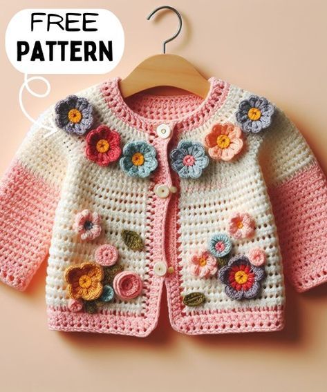 Baby Dress Crochet Free Pattern, Baby Cardigan Crochet Pattern Free, Crochet Patterns Cardigans, Crochet Cardigan Girl, Crochet Baby Cardigan Free Pattern, Baby Cardigan Pattern Crochet, Crochet Cardigan Free, Crochet Baby Sweater Pattern, Crochet Baby Jacket