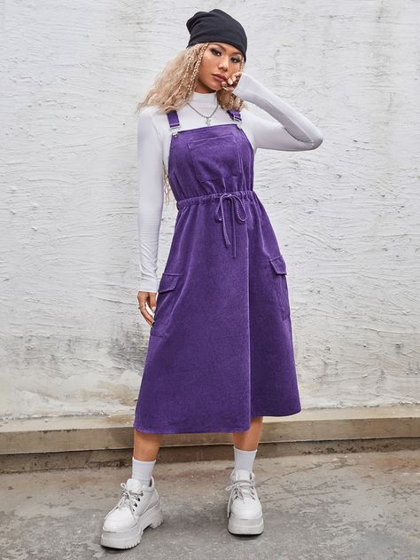 Violet Purple Casual Collar Sleeveless Corduroy Plain Pinafore Embellished Non-Stretch Summer Women Dresses Purple Pinafore Dress, Purple Outfits Casual, Corduroy Dress Outfit, Purple Cottagecore, Corduroy Pinafore, Bright Outfit, Corduroy Pinafore Dress, Corduroy Overall, Corduroy Overall Dress