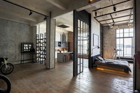 Room Separation Ideas, Industrial Studio Apartment, Luxury Studio Apartment, Luxury Loft Apartment, Luxury Studio Apartments, Loft Layout, Room Separation, Wooden Ceiling Design, Warehouse Living