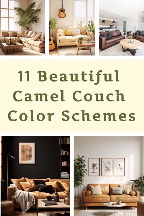 11 Beautiful Camel Couch Color Schemes Cognac Couch With Ottoman, Tan Couch Decor Cozy Living Rooms, Tan Sofa Styling, Pillows On Leather Couch Color Schemes, Tan Couch Styling, Rugs With Caramel Couch, Neutral Leather Couch Living Room, Neutral Couch Colors, Camel Leather Sofa Living Rooms