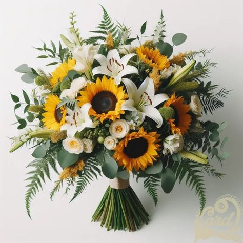 https://card9.com/ai/yellow-sunflower-wedding-bouquet White Lily Bouquet, Lily Bridal Bouquet, Wedding Flowers Sunflowers, Pink Lillies, Sunflower Wedding Bouquet, Lily Bouquet, Flower Boutique, Sunflower Bouquets, When I Get Married