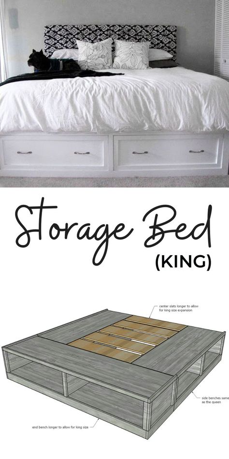 Captains Bed King, White King Platform Bed, Diy King Size Bed Frame With Storage, Cal King Storage Bed Frame, King Bed Frame Ideas With Storage, How To Make A Platform Bed With Storage, Farmhouse Bed With Drawers, Beds And Bed Frames, King Sized Bed With Storage