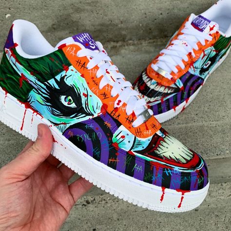 Joker Air Force 1 Custom Check more at https://danielcustoms.com/product/joker-air-force-1-custom-2/ Joker Custom, Custom Batman, Joker Batman, New Nike Air Force, Nike Air Force 1s, Painted Sneakers, Custom Kicks, Custom Nike Shoes, Air Force 1 Custom