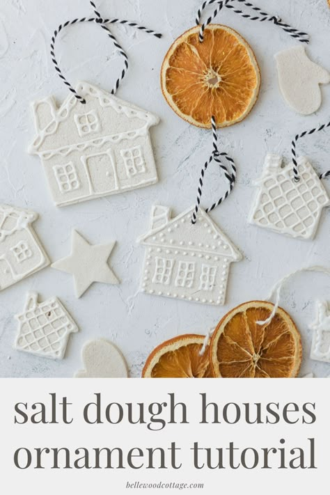 Salt dough ornaments are perfect for holiday crafting. Learn how to make these DIY salt dough gingerbread house ornaments for your Christmas tree (or to use as gift toppers!) with simple supplies and this quick tutorial. I've used white puffy paint for easy decorating and a neutral look that blends well with multiple home décor styles. Air Fryer Salt Dough Ornaments, Salt Dough Ornament Painting Ideas, Salt Ornament Ideas, Diy Cute Christmas Decor, Plaster Christmas Ornaments, Winter Craft Ideas For Adults, Diy Clay Christmas Decorations, Salt Dough Crafts For Adults, Diy Clay Ornaments Christmas