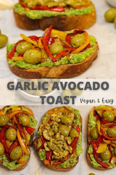 You haven’t experienced avocado toast until you try this garlic avocado toast. A delicious garlic avocado mash on top of a toast along with sweet red peppers and spiced olives. This simple twist on the classic avocado toast is life-changing and perfect for a delicious breakfast or snack. Poolside Sandwiches, Spiced Olives, Cheap Vegan Meal Plan, Vegan Avocado Toast, Avocado Mash, Easy Healthy Side Dishes, Cheap Vegan Meals, Quick Easy Healthy Meals, Healthy Dessert Recipes Easy