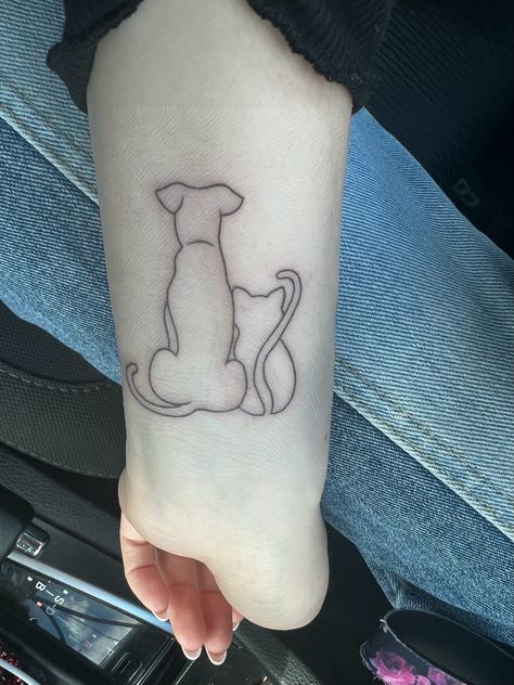 Cat Dog Outline Tattoo, Black Cat And Golden Retriever Tattoo, Cat And Dog Minimalist Tattoo, Dog And Cat Silhouette Tattoo, Dog And Cat Outline Tattoo, Dog Cat Tattoo Simple, Silhouette Dog Tattoo, Cat And Dog Tattoo Ideas, Dog And Cat Tattoo Together