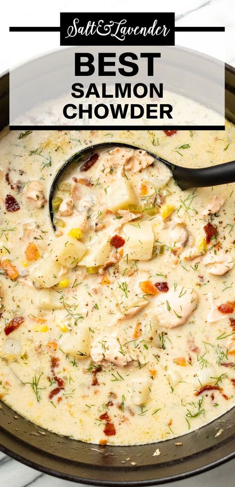 a pot of soup with a ladle and text overlay that reads best salmon chowder Salmon Chowder Recipe Easy, Salmon Stew Recipe, Crockpot Salmon, Salmon Chowder Recipe, Smoked Salmon Chowder, Salmon Soup, Creamy Salmon, Salmon Chowder, Chowder Recipes Seafood