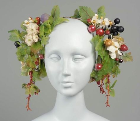 Headdress, mid-19th century France (worn in America), MFA Boston This looks like a centerpiece at a cheap Italian restaurant (always the best ones). Floral Headdress, Hair Ornaments, Museum Of Fine Arts, Fantasy Fashion, Fashion History, Costume Design, Headdress, Headpiece, 19th Century