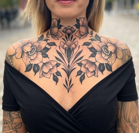 Women Chest Neck Tattoo, Peony Chest Tattoo Female, Stomach Tattoos Women Plus Size, Ornamental Chest Tattoo Female, Chest Tattoo Woman, Women’s Chest Tattoo, Feminine Chest Tattoo For Women, Traditional Chest Tattoo Female, Symmetrical Chest Tattoo