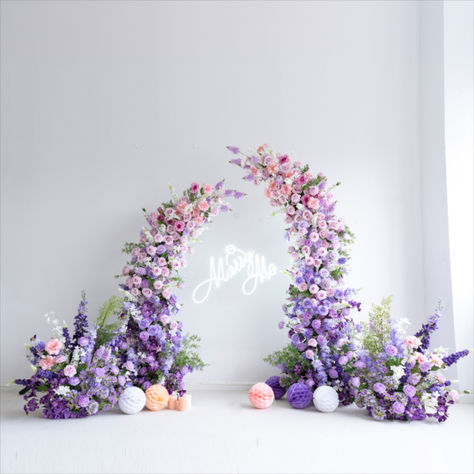 Wedding arch with florals arrangments Aisle Runner Backdrop | Ceremony Flowers Decoration with gradient pink and purple color | Party Inspo 2024 | Free International Shipping | 180cm/210cm (6ft by 7 ft) Pastel Flower Backdrop, Purple Aisle Flowers, Lavender Palette, Ganpati Decor, Bridal Shower Backdrop, Aisle Flowers, Color Party, Flowers Decoration, Yellow Decor