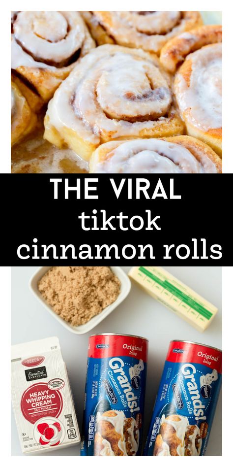 These viral TikTok Cinnamon Rolls with heavy cream take cans of Pillsbury Grands Cinnamon Rolls and soak them in heavy whipping cream. Then they are topped with melted butter and brown sugar. These are the BEST and easiest cinnamon rolls you will ever make! Easiest Cinnamon Rolls, Grands Cinnamon Rolls, Tiktok Cinnamon Rolls, Cinnamon Rolls With Heavy Cream, Pillsbury Cinnamon Roll Recipes, Breakfast Scones, Pillsbury Cinnamon Rolls, Cinnabon Cinnamon Rolls, Pillsbury Grands