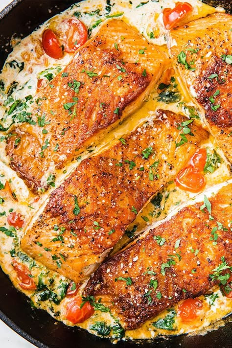 Tuscan Butter Salmon Is An Impressive Dinner That ANYONE Can MakeDelish Easy Fish Dinner, Tuscan Butter, Seafood Tacos, Easy Fish Dinners, Impressive Dinner, Fish Dinner Recipes, Japanese Desserts, Butter Salmon, Salmon Dinner