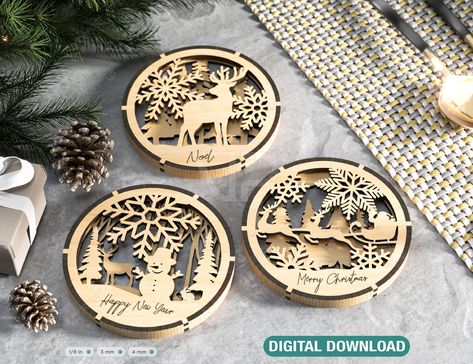 Stunning printable 3D SVG Files 2023 - Graphic type that can be scaled to use with the Silhouette Cameo or Cricut. #3dsvg #diy #papercut #lasercut #crafts #papercraft #cricut #christmasdecorations #holiday #winter Xmas Wood Crafts, Shadow Box Table, New Year Theme, Laser Cut Christmas, Laser Cut Ideas, Christmas Coasters, Deer Design, Cup Mat, Wine Parties