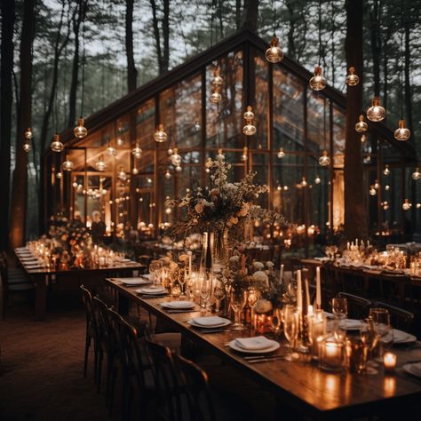 Whimsical Wedding Venue Ideas, Wedding Reception In The Woods, Whimsical Reception Decor, Wedding With Candles And Lights, Moody Wedding Reception Decor, Twilight Style Wedding, Whimsical Wedding Reception Decor, Glass House Wedding Decor, Moody Backyard Wedding