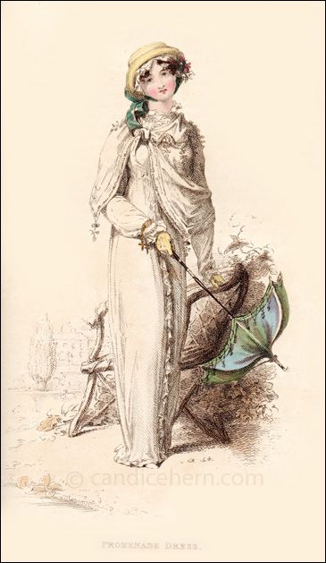 "A plain jaconet or imperial cambric muslin round dress, formed high in the neck, and trimmed round the bottom, up the front, collar, and sleeves with full borders of plaited muslin. ..." 1812 Fashion, Directoire Fashion, 1819 Fashion, 1810s Fashion, Georgian Fashion, Regency Art, Regency Dresses, Regency Clothing, Promenade Dress