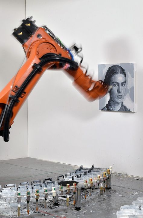 husband and wife artistic duo rob and nick carter take on digital age technologies with one of their most technically pioneering projects to date. Robot Painting, Printer Design, Ben Brown, Arm Painting, Industrial Robots, Drawing Machine, Futuristic Robot, Peter Blake, Cultural Artifact