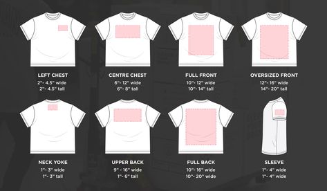 Logo Placement Guide Canadian Custom Apparel Left Chest Logo Size Chart, T Shirt Logo Placement Guide, Pocket Logo Size Chart, Decal Sizes For Shirts, Tshirt Logo Placement, Logo Placement On Shirts, Logo Placement Guide, Sponsorship Levels, Bold Words