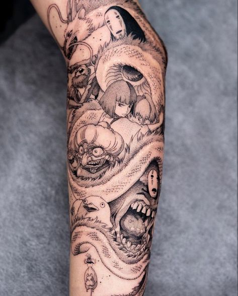 Ghibli Aesthetic Tattoo, Studio Ghibli Tattoo Sleeve Leg, Studio Ghibli Sleeve, Studio Ghibli Sleeve Tattoo, Ghibli Tattoo Sleeve, Studio Ghibli Tattoo Sleeve, Minimalistic Anime Tattoo, Anime Sleeve Tattoo, Miyazaki Tattoo