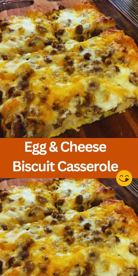 Discover the ultimate comfort food with our Egg & Cheese Biscuit Casserole recipe! This hearty dish features savory ground pork sausage, creamy eggs, and a cheesy blend, all baked to perfection atop buttery tasting biscuits. Perfect for brunch or a cozy breakfast at home. Easy to make and oh-so-satisfying! Sausage Egg And Cheese Biscuit Casserole, Biscuit Egg Casserole Recipes, Sausage Egg And Biscuit Casserole, Ground Sausage And Egg Recipes, Sausage Egg Cheese Biscuit Casserole, Biscuit Sausage Egg Casserole, Grands Biscuit Recipes Breakfast, Ground Beef And Biscuit Recipes, Biscuit Casserole Recipes