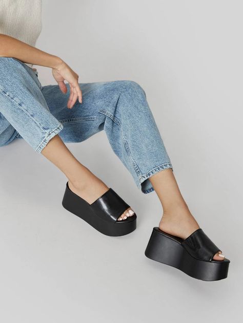 Faux Leather Platform Slip On Sandals | SHEIN USA Platform Slip On Sandals, Platform Slip Ons, Sandals Shein, Work Shoes Women, Platform Flip Flops, Baggy Clothes, Trending Sandals, Slip On Sandals, Shoe Inspo