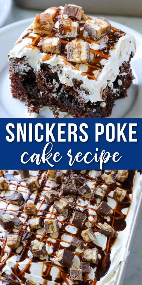 poke cake on a plate Devils Food Poke Cakes, Kit Kat Poke Cake, Snickers Poke Cake Recipe, Mexican Poke Cake, Twix Poke Cake, Skor Poke Cake, Snickers Cake Birthday, Devil's Food Cake Mix Recipes Ideas, Poke Cake Recipes Pudding