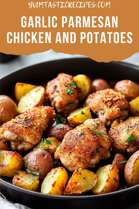 This Garlic Parmesan Chicken and Potatoes recipe is a flavor-packed dinner made in one pan! Crispy, golden chicken and tender potatoes are roasted with garlic, Parmesan, and a blend of seasonings for an irresistible meal. Simple to prepare, this dish is perfect for a crowd or an easy family dinner. Click to make it tonight!

#ChickenDinnerRecipes #GarlicParmesan #OnePanDinners #EasyFamilyMeals #ComfortFoodFavorites Sheet Pan Garlic Chicken And Potatoes, Chicken Tenderloin And Potato Recipes, One Pan Chicken And Potatoes Recipes, Chicken And Potatoes Recipes Easy, Garlic Roasted Chicken And Potatoes, Chicken And Golden Potatoes, Chicken And Potatoes In Oven, Chicken And Potatoes Recipes Baked, Chicken Breast And Potatoes Recipes