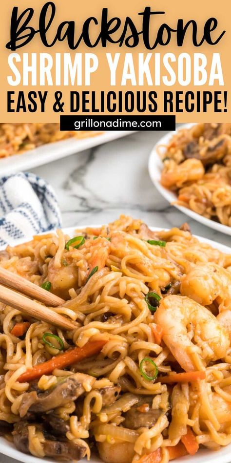 Blackstone Shrimp Yakisoba is a delicious stir fry that is made easily on the griddle. Shrimp, veggies and noodles to create a simple dish. Shrimp Yakisoba is a popular Japenese dish that is loaded with shrimp and veggies. These ingredients that are mixed with a sweet and savory sauce. This is the perfect weeknight meal. #grillonadime #blackstoneshrimpyakisoba #shrimpyakisoba Shrimp Yakisoba Recipe, Blackstone Shrimp, Shrimp Noodles Recipes, Veggies And Noodles, Yakisoba Recipe, Shrimp And Veggies, Hibachi Recipes, Stir Fry Shrimp Recipes, Rice Noodle Recipes