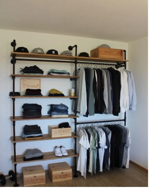 Open Shelving Clothes Storage, Open Cubords Ideas Bedroom, Industrial Style Closet, Open Closet In Bedroom Small Spaces, Open Wardrobe Ideas Bedroom, Industrial Closet Ideas, No Closet Solutions Bedroom, Industrial Pipe Closet, Clothing Shelves