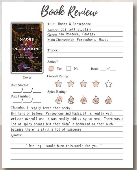 Hades & Persephone Template For Book Review, Journal For Books Read, Book Rate Template, Book Report Aesthetic, Book Review Page Ideas, Book Journal Book Review, Book Review Notebook, Review Book Template, Book Review Questions