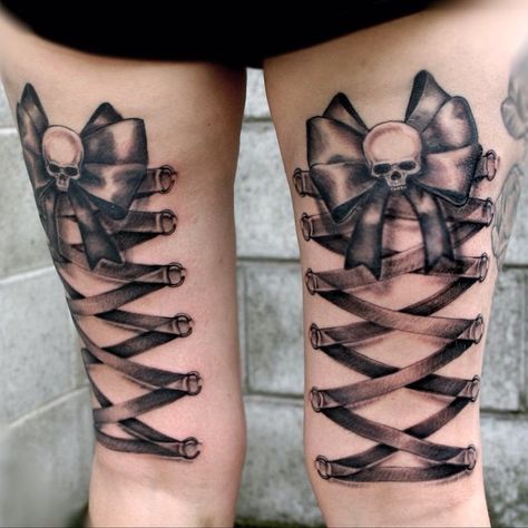 Artist: @hawthornescott #lace #corset #realism #realismtattoo #realistictattoo #corsetstrong #corsettattoo #corsetribbon #ribbontattoo #blackink #blackandgrey #legtattoo #thightattoo Bonding Tattoos, Bows Tattoo, Bow Tie Tattoo, Lace Bow Tattoos, Corset Tattoo, Bow Tattoo Designs, Garter Tattoo, Lace Tattoo Design, Band Tattoos