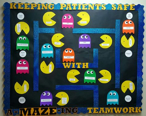 Pac Man bulletin board for Patient Safety. The ghosts are patient safety concerns, the pac man team are each labeled with a safety tool that prevents mistakes. Safety Boards Workplace, Nurses Week Board Ideas, Patient Safety Bulletin Board Ideas, Work Bulletin Boards Hospital, Patient Satisfaction Board Ideas, Staff Kudos Board, Nursing Staff Bulletin Board Ideas, Nurse Board Ideas, Patient Safety Week Ideas