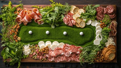 A golf-themed Father's Day charcuterie board designed to delight any golf-loving dad. The board features a green base of fresh arugula or spinach mimicking a putting green, complete with a pathway of prosciutto representing the fairway. Use small rounds of white cheese or mozzarella balls as golf balls, and strategically place them along the 'fairway'. Add sand traps made from small piles of finely chopped nuts or crumbled feta. Surround the green with a variety of meats, cheeses, and crackers, simulating the rough areas of a golf course. This playful and creative setup is not only a nod to Dad’s favorite hobby but also a delicious centerpiece for the celebration. Golf Themed Veggie Tray, Sand Trap Golf Food, Golf Charcuterie Board Ideas, Golf Food Puns, Golf Party Themed Food, Golf Themed Charcuterie Board, Golf Charcuterie Board, Golf Appetizers, Golf Themed Food