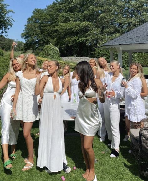 Alix Earle Frat Wedding, Wedding Birthday Party, Bachelorette White Party, Bachelorette All White Outfits, White Party Aesthetic Outfit, White Themed Birthday Party Outfit, White Party Bachelorette, Hamptons White Party Theme, European Hens Party