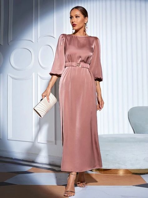 Solid Satin Bishop Sleeve Dress | SHEIN USA Pink Satin Dress Long, Silk Satin Outfit, Bishop Sleeve Dress, Modest Maxi Dress, Pink Satin Dress, Women's A Line Dresses, Bishop Sleeve, Evening Dresses Elegant, Chiffon Prom Dress