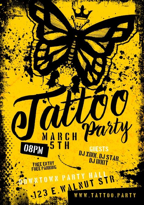 TATTOO PARTY POSTER Tattoo Party Flyer, Tattoo Flyer Design, Tattoo Party, Tattoo Zone, Tattoo 2023, Content Words, Flyer Design Layout, Dream Tattoos, Poster Templates