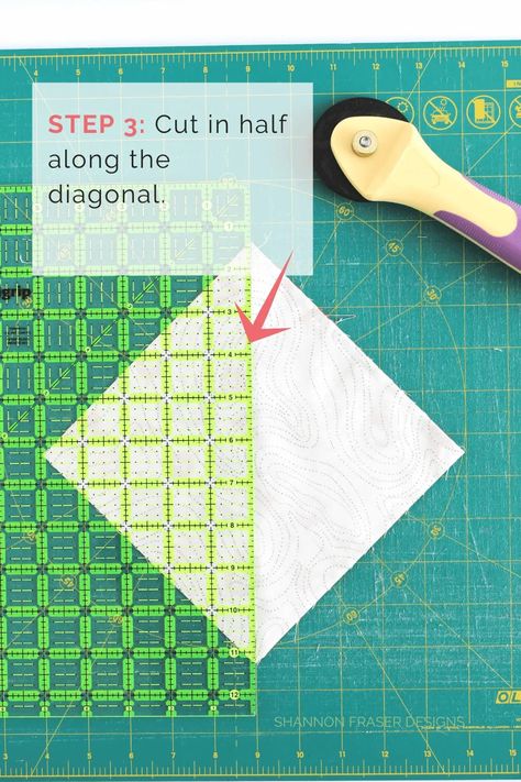 4-at-a-time half-square triangle tutorial by Shannon Fraser Designs. Once you have them stitched, you need to cut the square on the diagonal. This is such a great technique to have in your quilty tool box! I've even included a math cheat sheet to make creating HSTs easy peasy for you! See it in action up on the blog. #shannonfraserdesigns #hst #halfsquaretriangles #quiltingtutorial Hst Blocks, Half Square Triangles Tutorial, Math Cheat Sheet, Triangle Math, Hst Quilts, Quilt Tips, Triangle Ruler, Start Quilting, Math Formulas