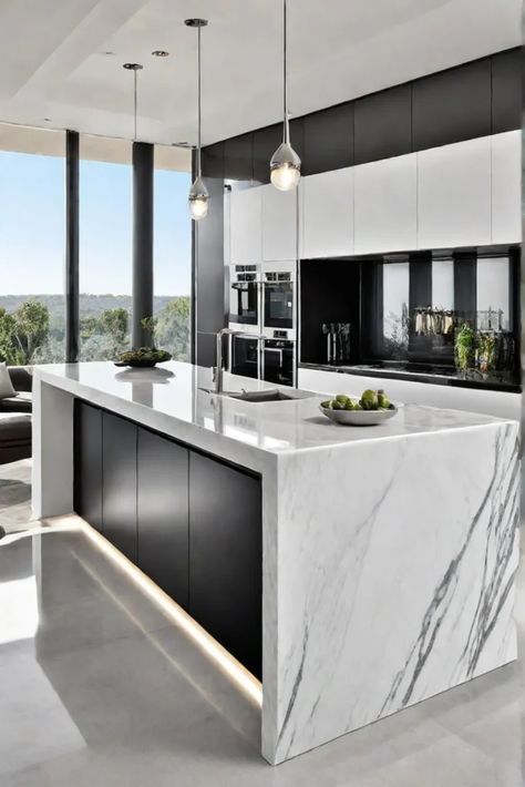 Double Island Kitchen Layout Modern, Kitchen With White Marble, Kitchen White Marble, Leicht Kitchen, White Luxury Kitchen, Kitchen Island Designs, Island Cabinets, Luxury Kitchen Island, Storage Seating