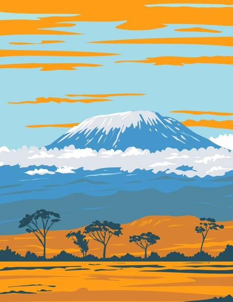 Mount Kilimanjaro Painting, Africa Illustration Art, Kilimanjaro Illustration, Tanzania Illustration, Tanzania Tattoo, Africa Aesthetic Art, Kilimanjaro Tattoo, Mountain Illustration Design, Mountain Kilimanjaro