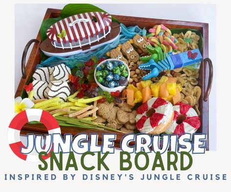 An EASY snack board inspired by The Jungle Cruise ride that you can find at Disneyland and Disney World and the new Jungle Cruise movie. Jungle Cruise Cake, Jungle Cruise Party, Jungle Cruise Movie, Jungle Snacks, Jungle Cruise Ride, Vbs Jungle, Disney Parties, Nye Dinner, Ninth Birthday