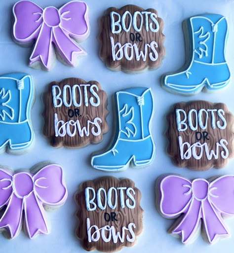 Boots Or Bows Gender Reveal Food Ideas, Boots Or Bows Cookies, Bows And Boots Gender Reveal, Boots Or Bows Gender Reveal Decorations, Boots Or Bows Gender Reveal Cookies, Gender Reveal Cake Boots Or Bows, Cowboy Or Cowgirl Gender Reveal Cookies, Boots Or Bows Gender Reveal, Gender Reveal Cookies