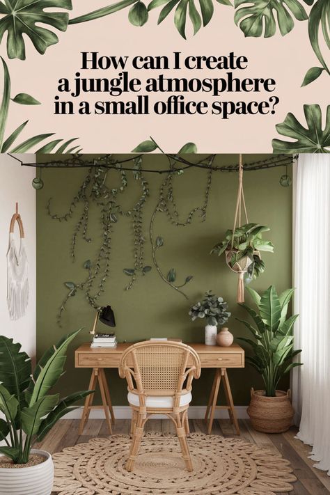 How can you create a jungle atmosphere in a small office space? 🌱🍃🌞 With tricks design to bring the jungle indoors! Jungle theme room ideas like safari room decor and tropical plants can make a big impact. 🌿 Pair with boho office space workspaces and Japandi interiors for a harmonious, lush aesthetic. 🌴 Curious about how to make the most of a small space? 🍃🌞🌴 #bohojungle #bohemianhomeoffice #jungleroomideas #junglethemeoffice #earthyhome #modernbohoofficedecor #jungledecor #bohochicdecor Jungle Theme Room Ideas, Office Space Workspaces, Boho Office Space Workspaces, Boho Office Space, Theme Room Ideas, Safari Room Decor, Jungle Theme Rooms, Scandi Boho Interior, Bohemian Home Office